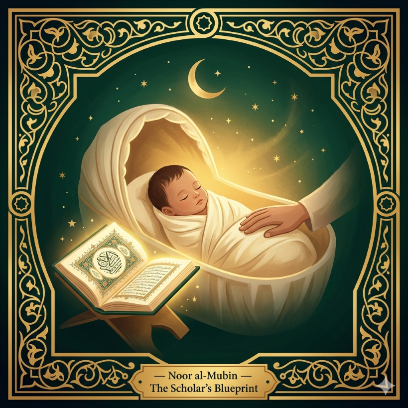 Noor al-Kamil Complete Blueprint — parent's hands cradling a newborn within an Islamic geometric blessing, full scholar-verified baby naming report with Ism-e-Azam