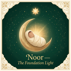 Noor Foundation Light Islamic baby naming report — newborn cradled in a golden crescent moon, scholar-verified Hijri birth name guidance