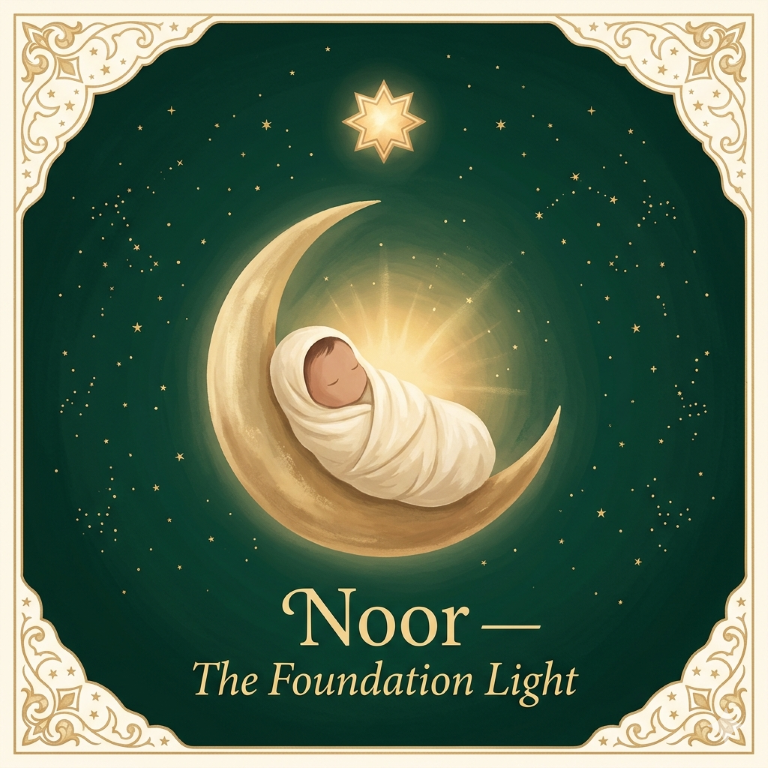 Noor Foundation Light Islamic baby naming report — newborn cradled in a golden crescent moon, scholar-verified Hijri birth name guidance