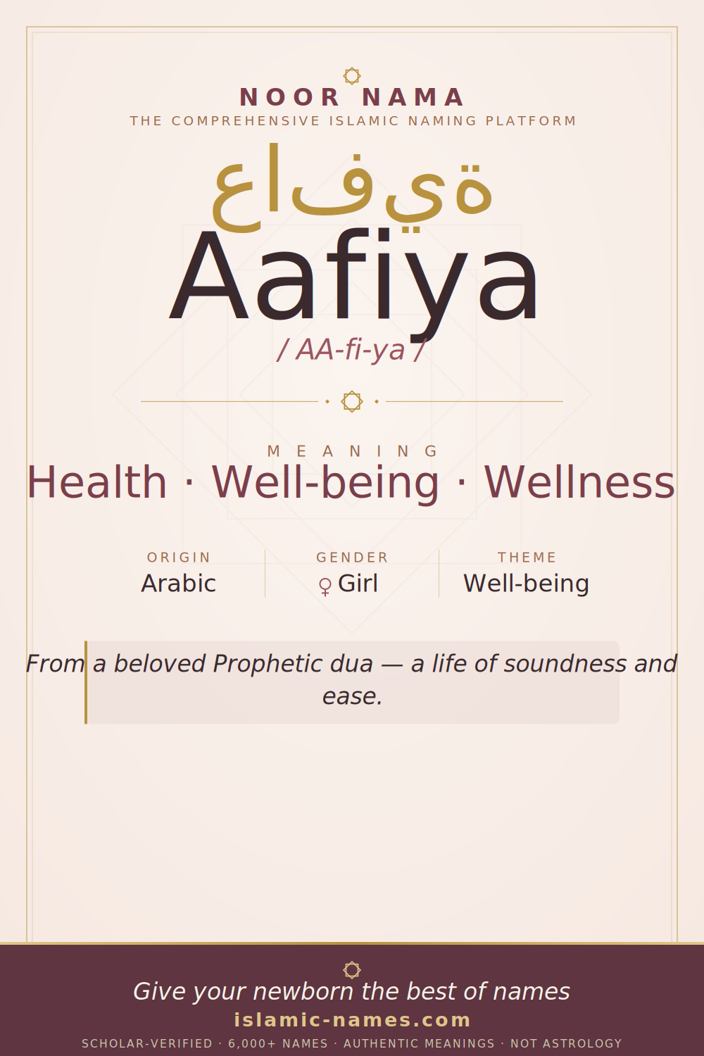 Aafiya name meaning — Health · Well-being · Wellness (Arabic)