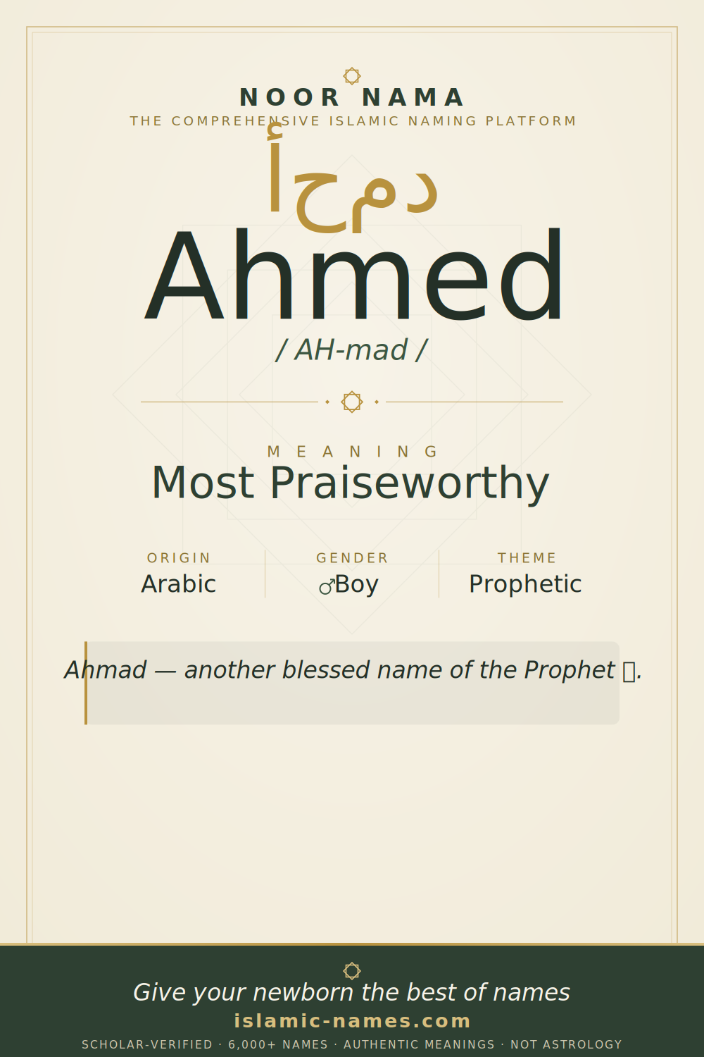 Ahmed name meaning — Most Praiseworthy (Arabic)