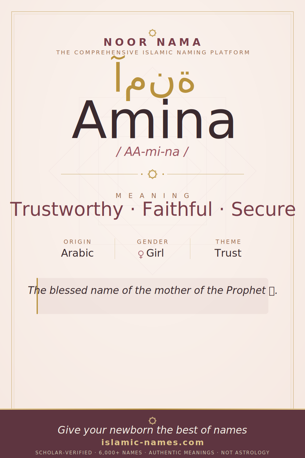 Amina name meaning — Trustworthy · Faithful · Secure (Arabic)