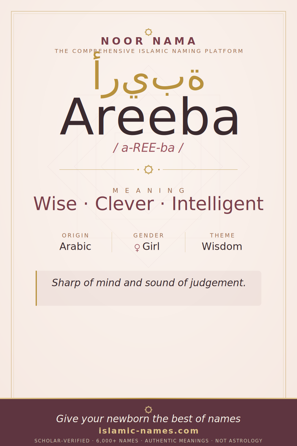 Areeba name meaning — Wise · Clever · Intelligent (Arabic)