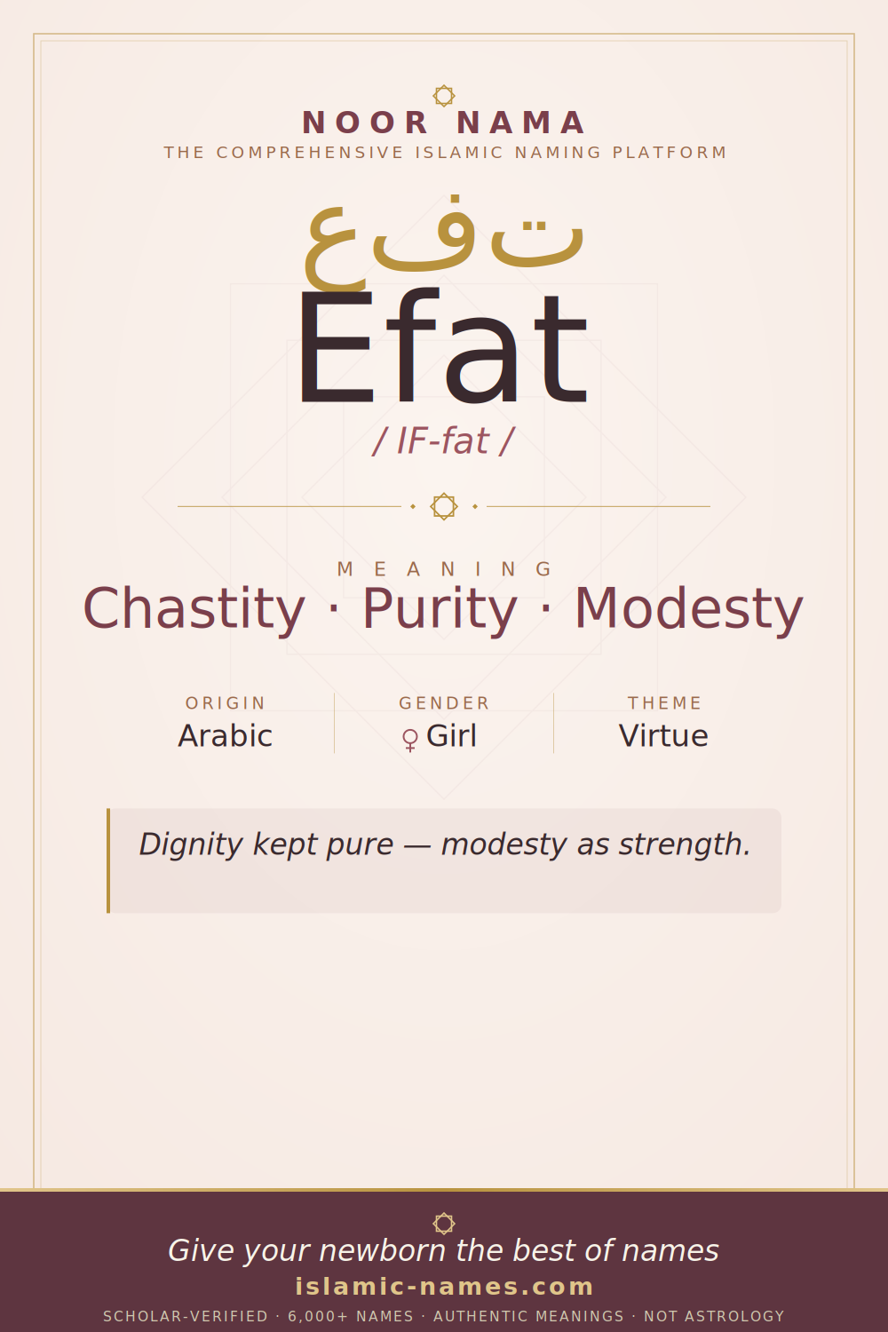 Efat name meaning — Chastity · Purity · Modesty (Arabic)