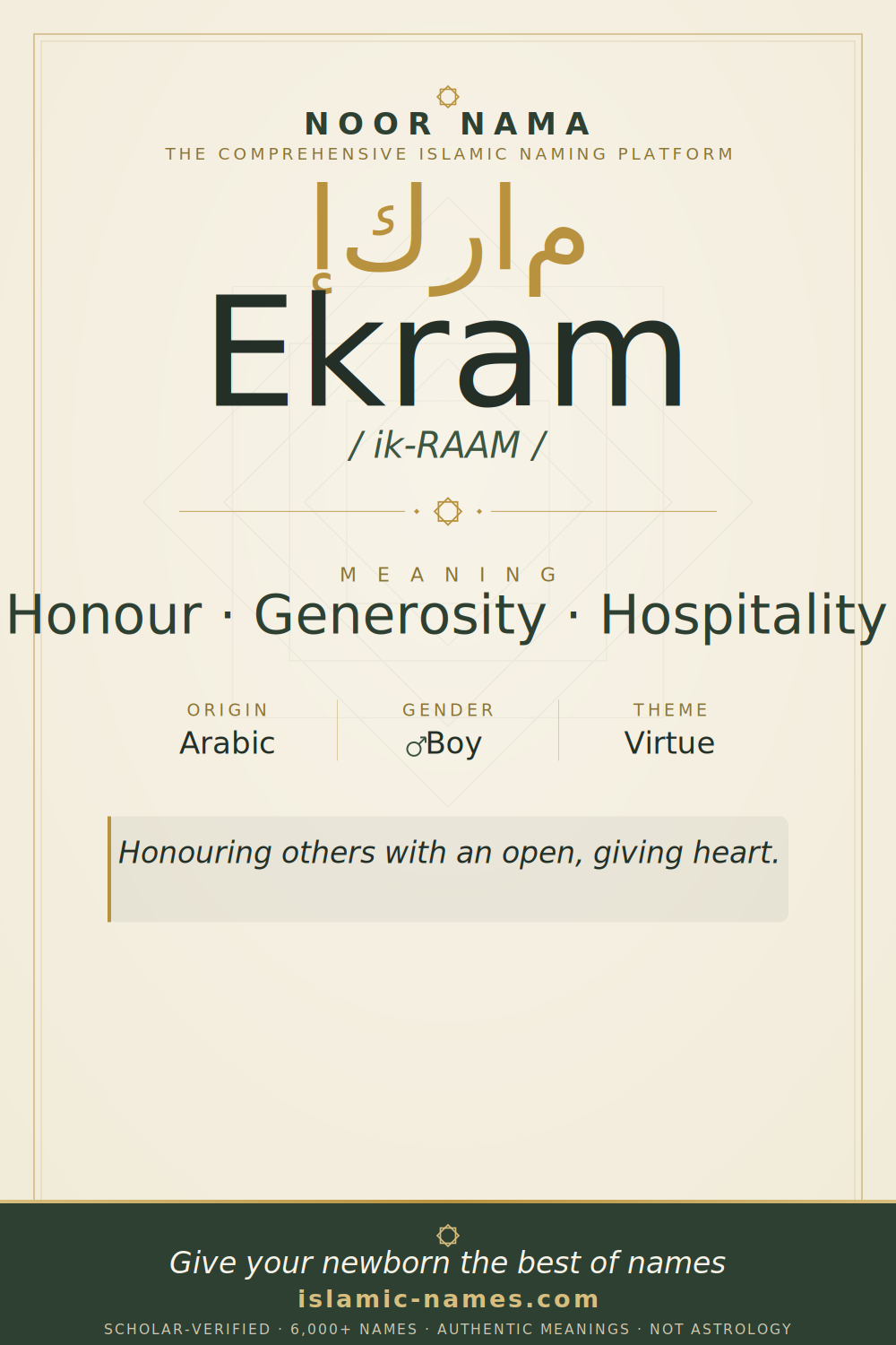 Ekram name meaning — Honour · Generosity · Hospitality (Arabic)