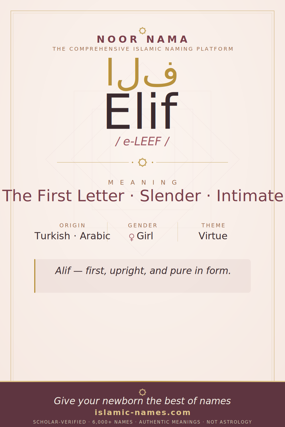 Elif name meaning — The First Letter · Slender · Intimate (Turkish · Arabic)