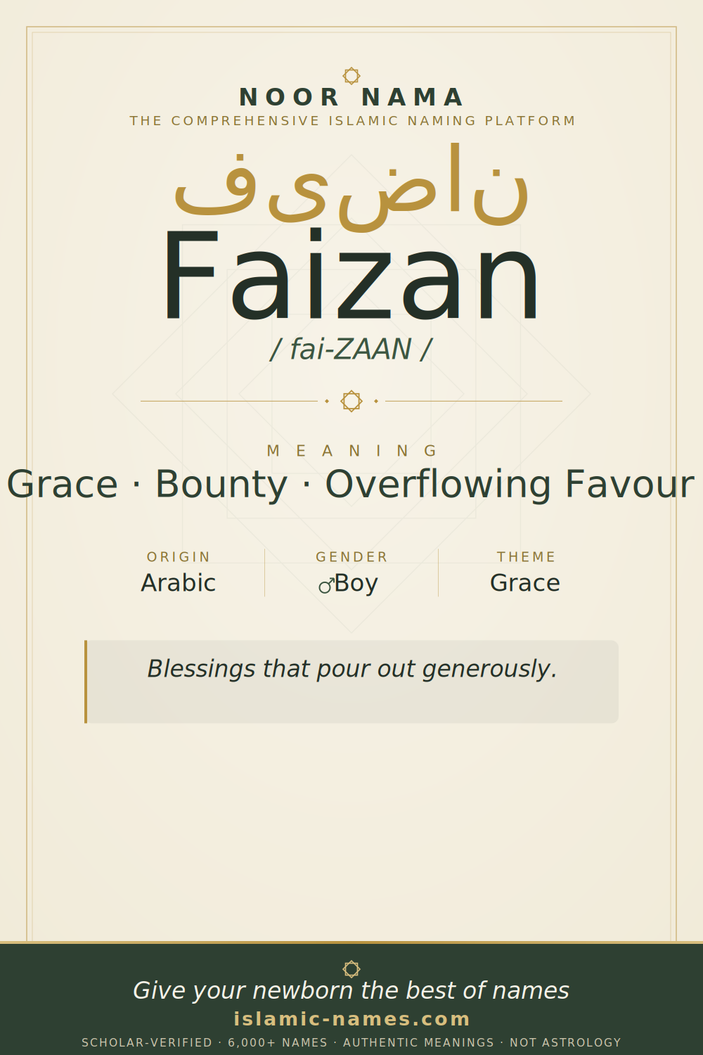 Faizan name meaning — Grace · Bounty · Overflowing Favour (Arabic)