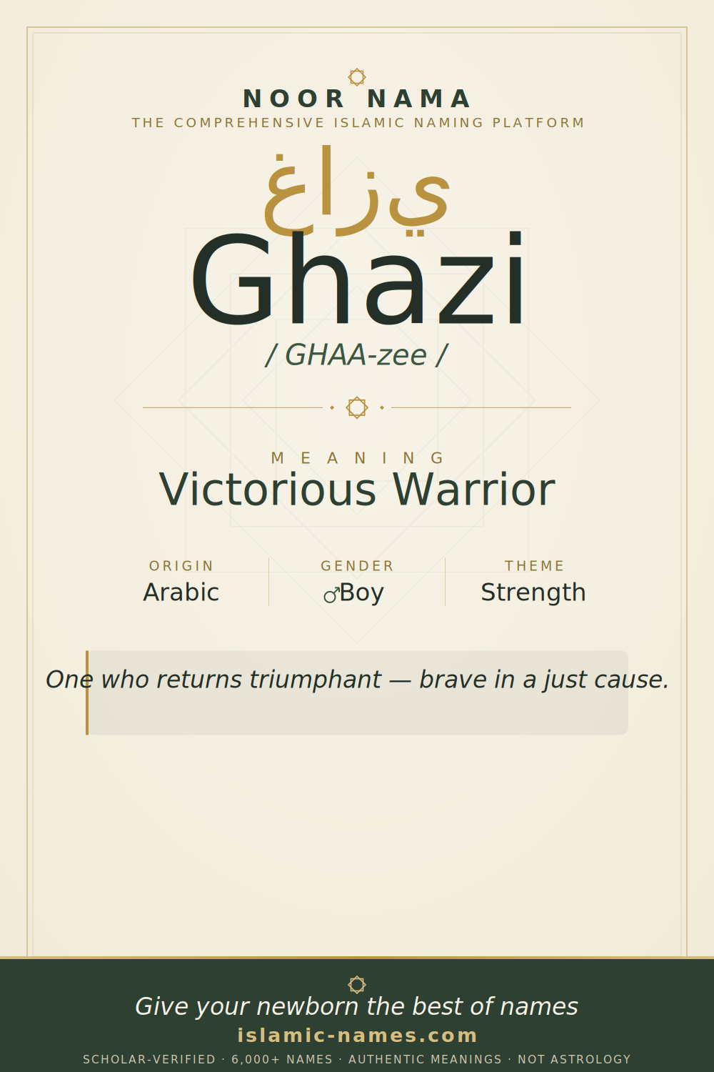 Ghazi name meaning — Victorious Warrior (Arabic)