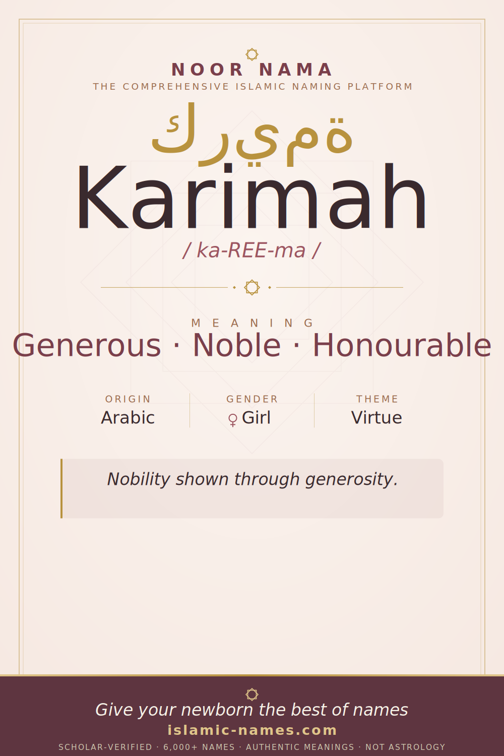Karimah name meaning — Generous · Noble · Honourable (Arabic)