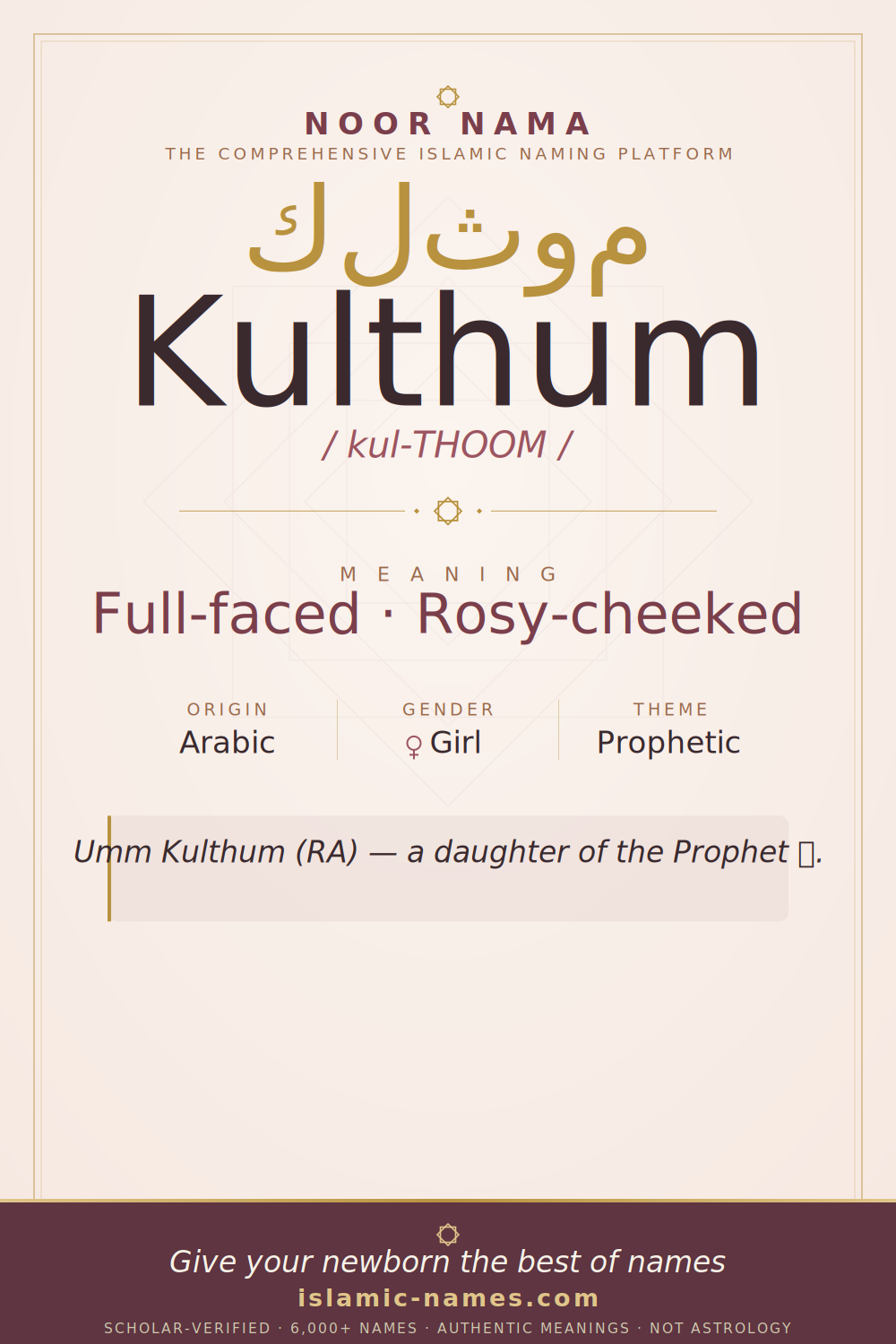 Kulthum name meaning — Full-faced · Rosy-cheeked (Arabic)