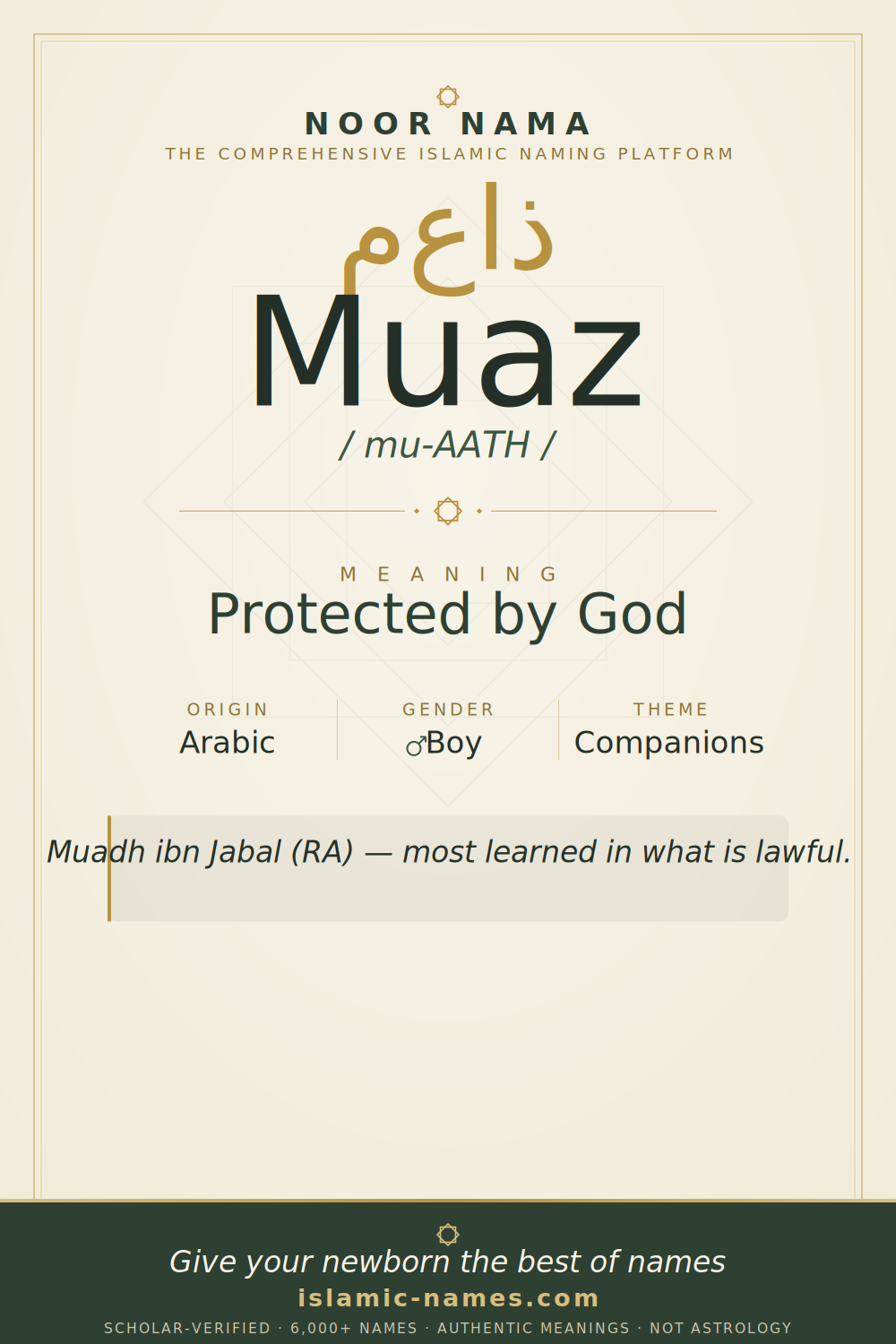 Muaz name meaning — Protected by God (Arabic)
