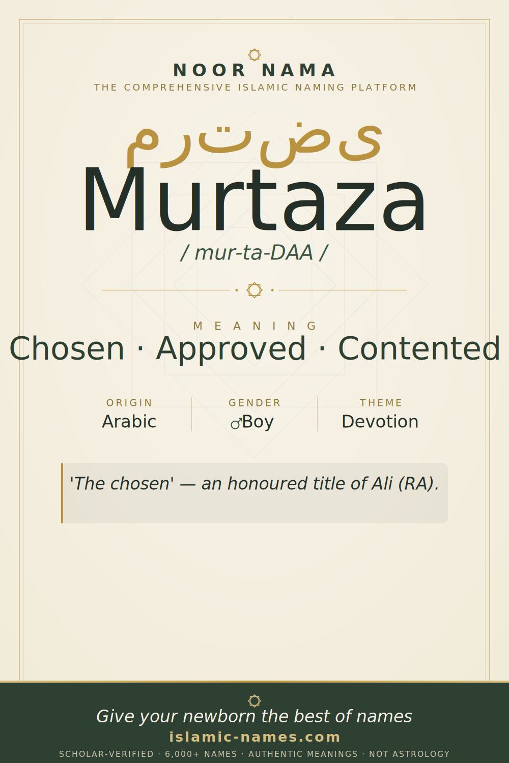 Murtaza name meaning — Chosen · Approved · Contented (Arabic)