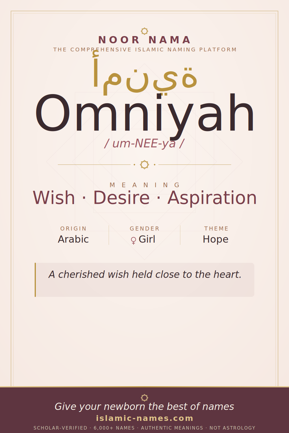 Omniyah name meaning — Wish · Desire · Aspiration (Arabic)