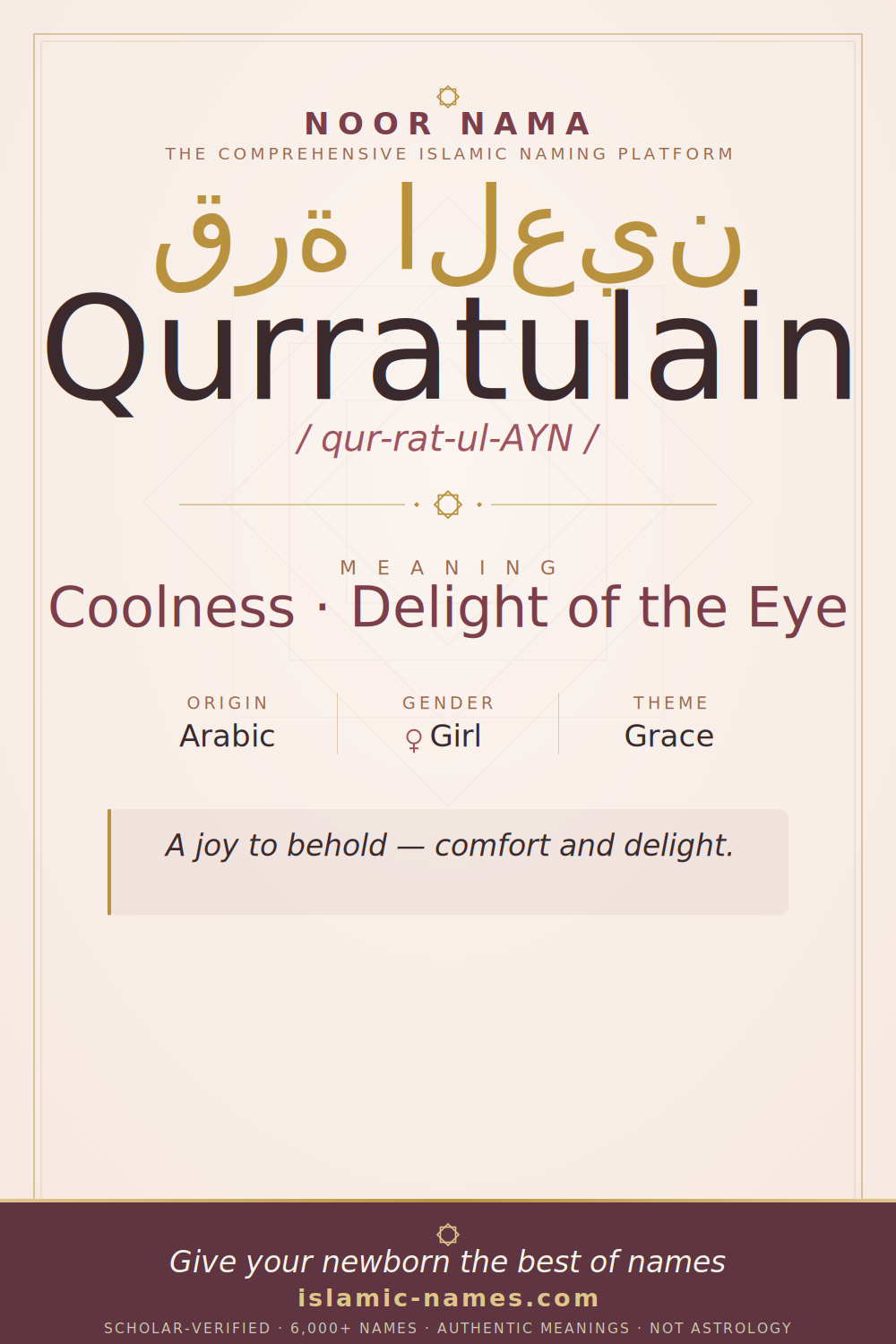 Qurratulain name meaning — Coolness · Delight of the Eye (Arabic)