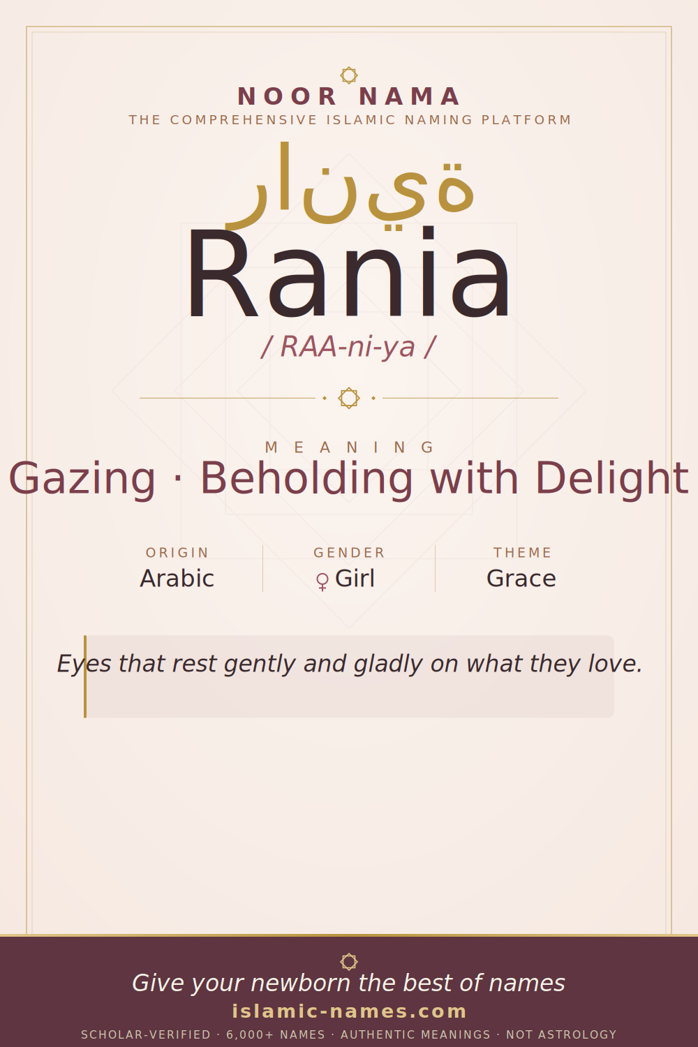 Rania name meaning — Gazing · Beholding with Delight (Arabic)