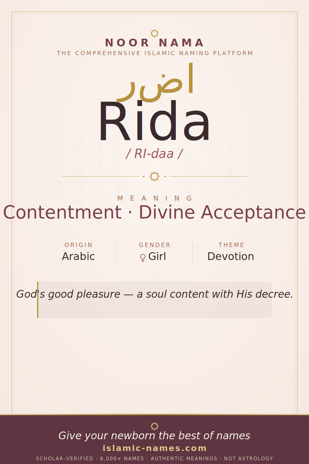 Rida name meaning — Contentment · Divine Acceptance (Arabic)