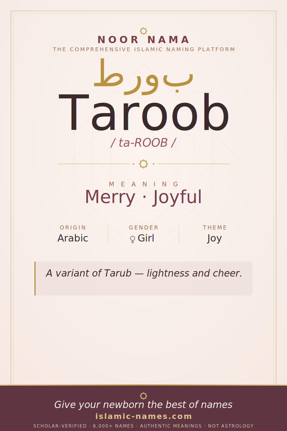 Taroob name meaning — Merry · Joyful (Arabic)