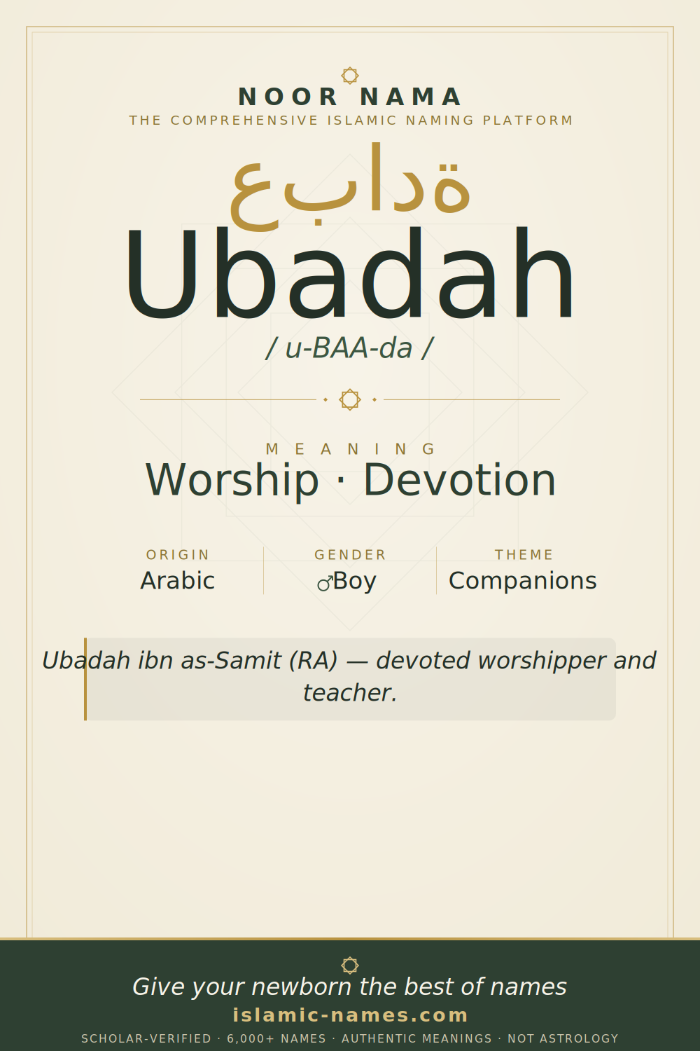 Ubadah name meaning — Worship · Devotion (Arabic)