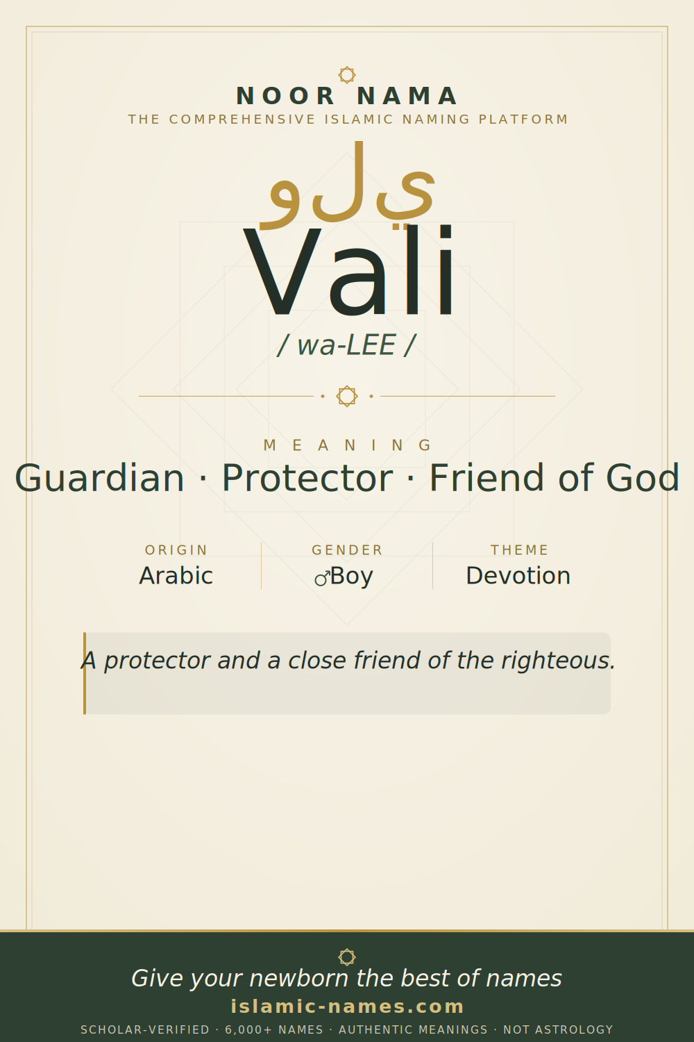 Vali name meaning — Guardian · Protector · Friend of God (Arabic)