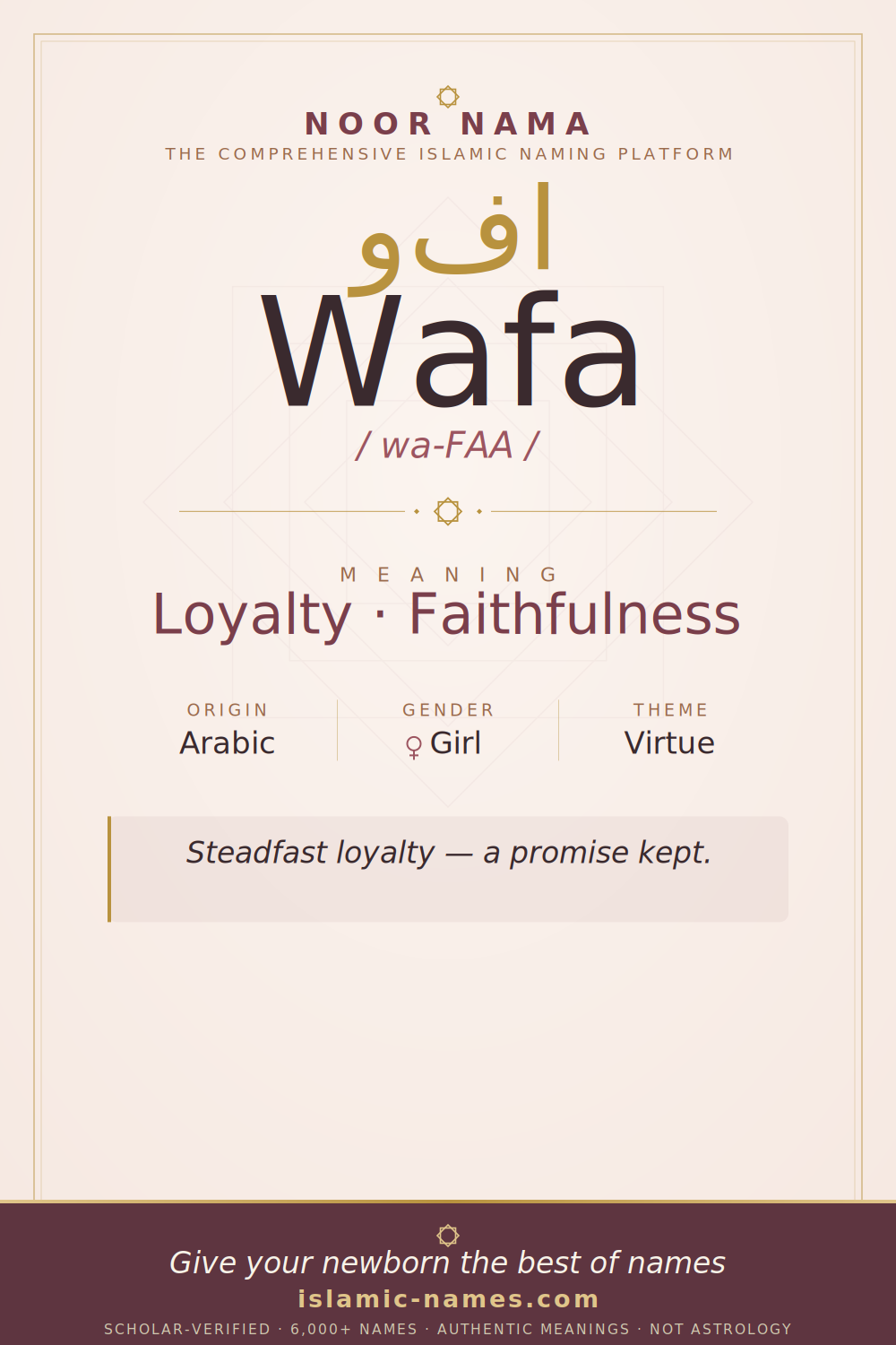 Wafa name meaning — Loyalty · Faithfulness (Arabic)
