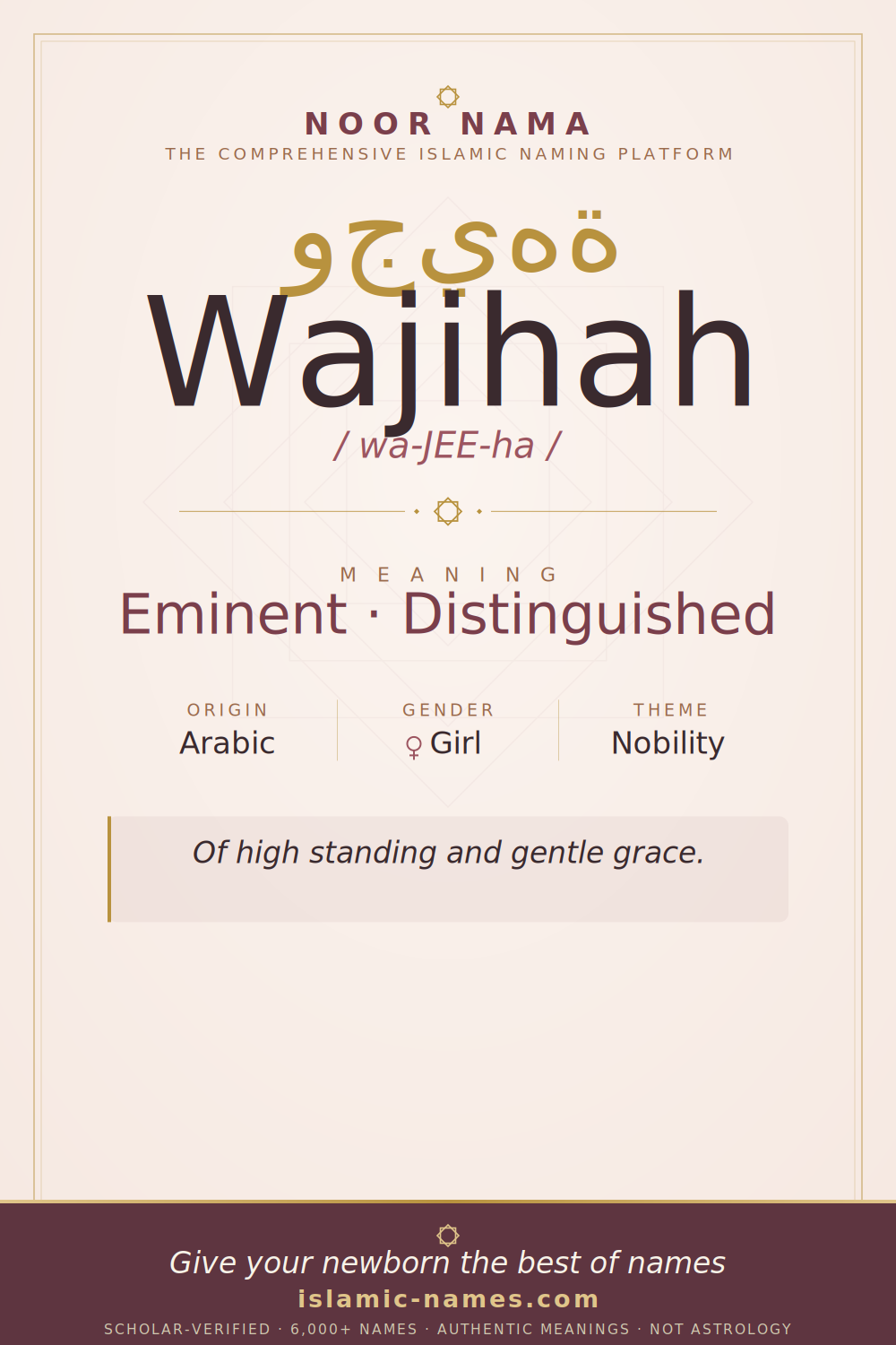 Wajihah name meaning — Eminent · Distinguished (Arabic)